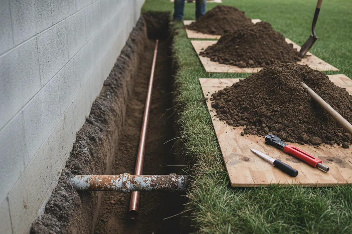 Excavated water line trench during Water Heater Repair in Conyers